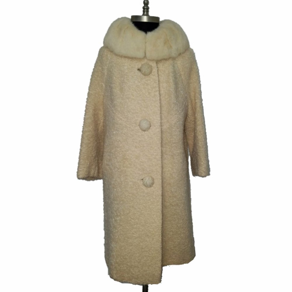Vtg 60s Boucle Wool Mink Collar Coat S